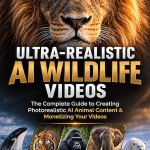 May include: A digital guide titled BLONDI FOKS ULTRA-REALISTIC AI WILDLIFE VIDEOS featuring a lion portrait and five animal images including an orca, tiger, gorilla, elephant, and polar bear with icons for image creation and video generation.