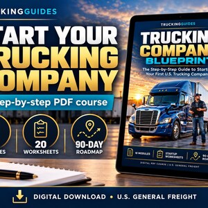 May include: A digital PDF course titled Trucking Company Blueprint displayed on a tablet screen. The cover features a blue semi-truck, a person, and text including 18 modules, 20 worksheets, and a 90-day roadmap for starting a U.S. trucking company.