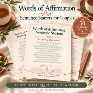 May include: A stack of printed cards titled Words of Affirmation Sentence Starters for Couples, featuring 50 sentence starters across 5 themes. The cards have a cream background, dark green text, and a heart line graphic at the bottom.