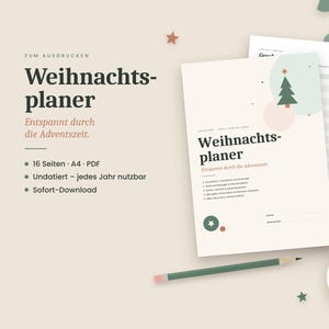 Julkalender på tyska (PDF A4-format) för utskrift – presentlista, julbudget, adventskalender, julmeny och checklista bild 1