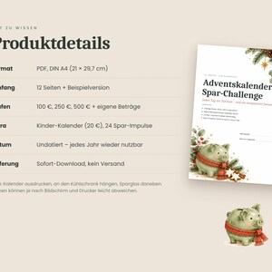 May include: A digital document titled Adventskalender Spar-Challenge featuring a green piggy bank wearing a red scarf, surrounded by pine branches and stars. The text lists product details including format, page count, and savings levels.