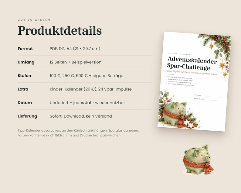May include: A digital document titled Adventskalender Spar-Challenge featuring a green piggy bank wearing a red scarf, surrounded by pine branches and stars. The text lists product details including format, page count, and savings levels.