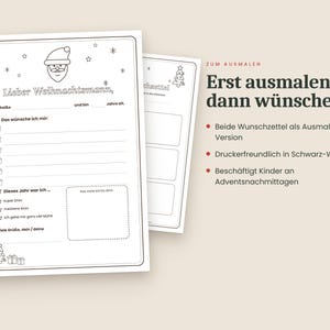 May include: Two black and white printable wish list templates for children to fill out for Father Christmas. The sheets feature line art of Santa, Christmas trees, and gift icons, with blank spaces for writing names, ages, and gift requests.