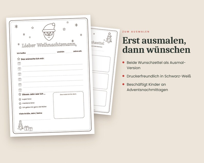 May include: Two black and white printable wish list templates for children to fill out for Father Christmas. The sheets feature line art of Santa, Christmas trees, and gift icons, with blank spaces for writing names, ages, and gift requests.