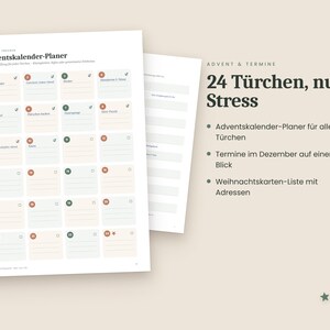 Julkalender på tyska (PDF A4-format) för utskrift – presentlista, julbudget, adventskalender, julmeny och checklista bild 5
