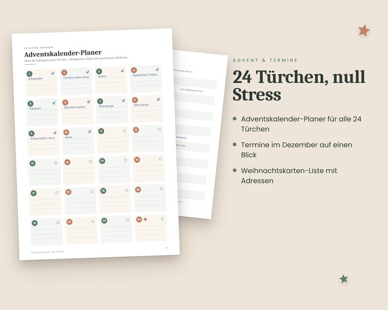 Julkalender på tyska (PDF A4-format) för utskrift – presentlista, julbudget, adventskalender, julmeny och checklista bild 5