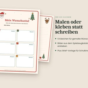 May include: A Christmas wish list template titled Mein Wunschzettel with six dashed boxes for drawings or cutouts, featuring illustrations of Santa, a tree, and gifts, alongside a second page with a reindeer and lined paper for writing.
