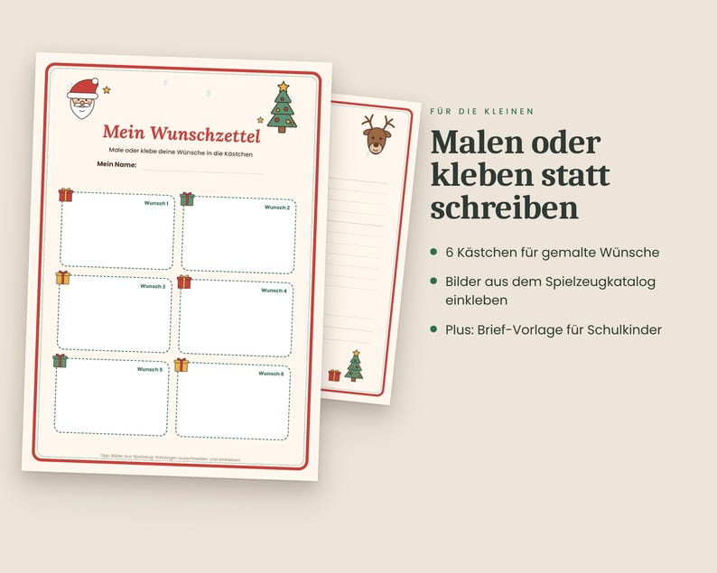 May include: A Christmas wish list template titled Mein Wunschzettel with six dashed boxes for drawings or cutouts, featuring illustrations of Santa, a tree, and gifts, alongside a second page with a reindeer and lined paper for writing.