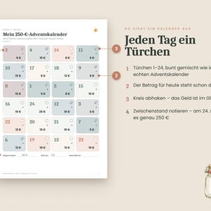 May include: A printable savings tracker titled Mein 250-Euro-Adventskalender featuring a grid of 24 numbered boxes in pastel blue and pink, each with a monetary amount. Includes instructions and a small illustration of a glass jar with red twine.