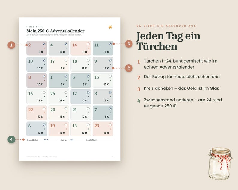 May include: A printable savings tracker titled Mein 250-Euro-Adventskalender featuring a grid of 24 numbered boxes in pastel blue and pink, each with a monetary amount. Includes instructions and a small illustration of a glass jar with red twine.