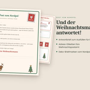 May include: A stationery set featuring a letter template with the text Post vom Nordpol, a reindeer icon, and a Christmas tree icon. The set includes address labels and decorative stamps with a Santa Claus graphic and North Pole text.
