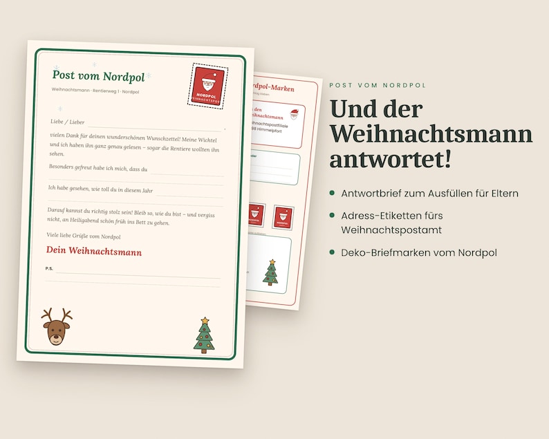 May include: A stationery set featuring a letter template with the text Post vom Nordpol, a reindeer icon, and a Christmas tree icon. The set includes address labels and decorative stamps with a Santa Claus graphic and North Pole text.