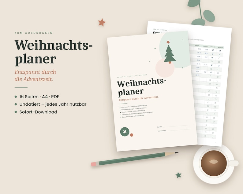 Julkalender på tyska (PDF A4-format) för utskrift – presentlista, julbudget, adventskalender, julmeny och checklista bild 1