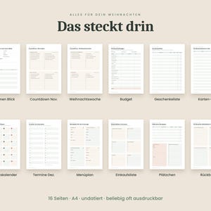 Julkalender på tyska (PDF A4-format) för utskrift – presentlista, julbudget, adventskalender, julmeny och checklista bild 2