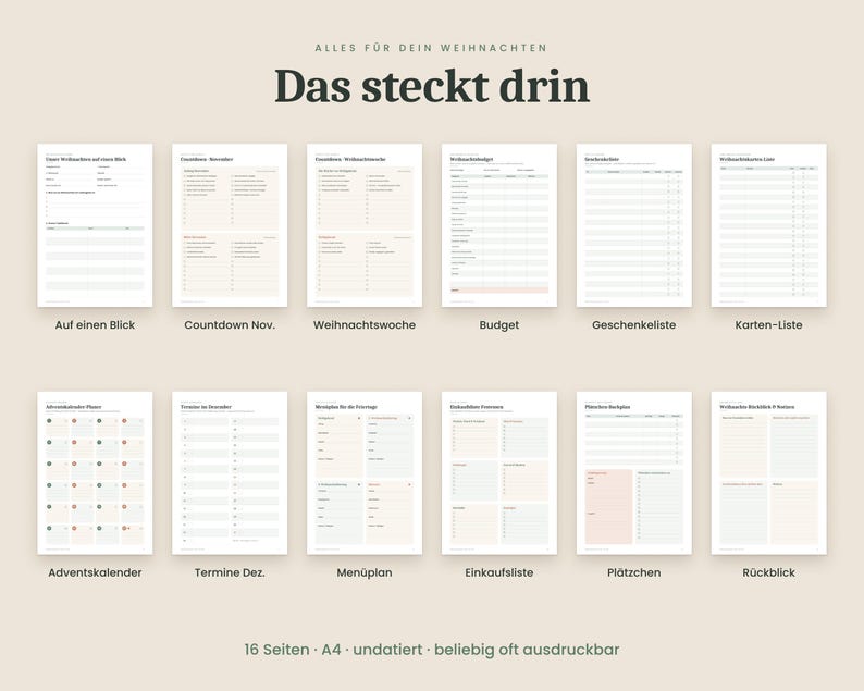Julkalender på tyska (PDF A4-format) för utskrift – presentlista, julbudget, adventskalender, julmeny och checklista bild 2