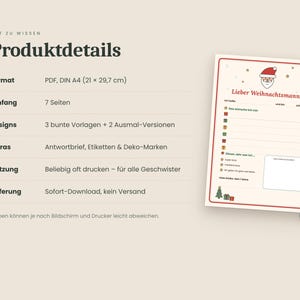 May include: A digital letter template for Santa Claus in A4 format, 21 x 29.7 cm. The document includes 7 pages with 3 coloured templates, 2 colouring versions, gift tags, and labels. The letter features a Santa icon, lines for text, and a box for a drawing.
