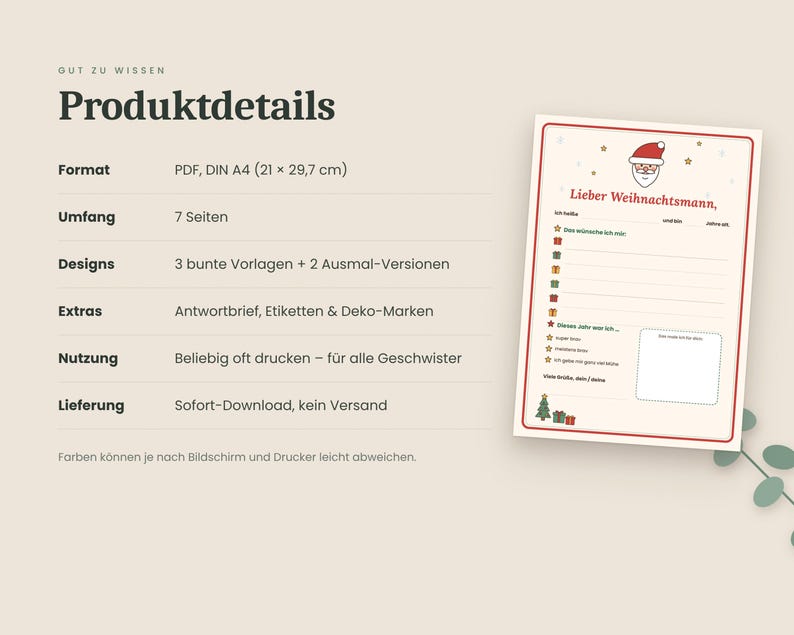 May include: A digital letter template for Santa Claus in A4 format, 21 x 29.7 cm. The document includes 7 pages with 3 coloured templates, 2 colouring versions, gift tags, and labels. The letter features a Santa icon, lines for text, and a box for a drawing.