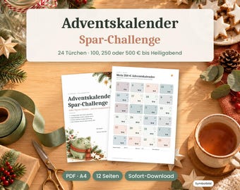 Adventskalender Sparutmaning Tyska PDF A4 – Jul Sparutmaning att skriva ut, 100 250 500 Euro, Sparadventskalender för barn