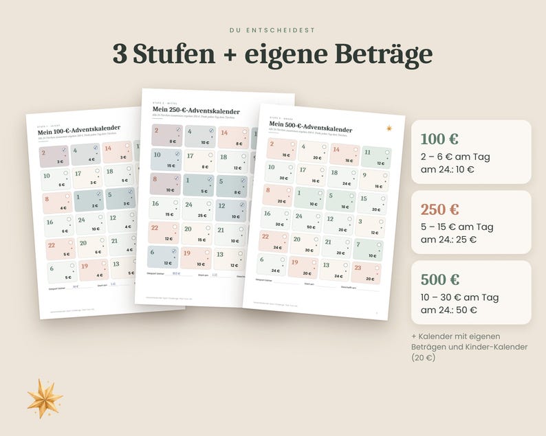 May include: Three printed advent calendar sheets with pastel-coloured boxes labelled 100, 250, and 500 Euro. The text reads DU ENTSCHEIDEST 3 Stufen + eigene Betr&auml;ge, Mein 100-&euro;-Adventskalender, Mein 250-&euro;-Adventskalender, and Mein 500-&euro;-Adventskalender.