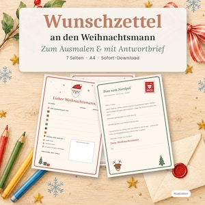 May include: A printable Christmas wish list set featuring a header titled Wunschzettel an den Weihnachtsmann, including pages for colouring and a letter template, accompanied by four coloured pencils and a sealed envelope.