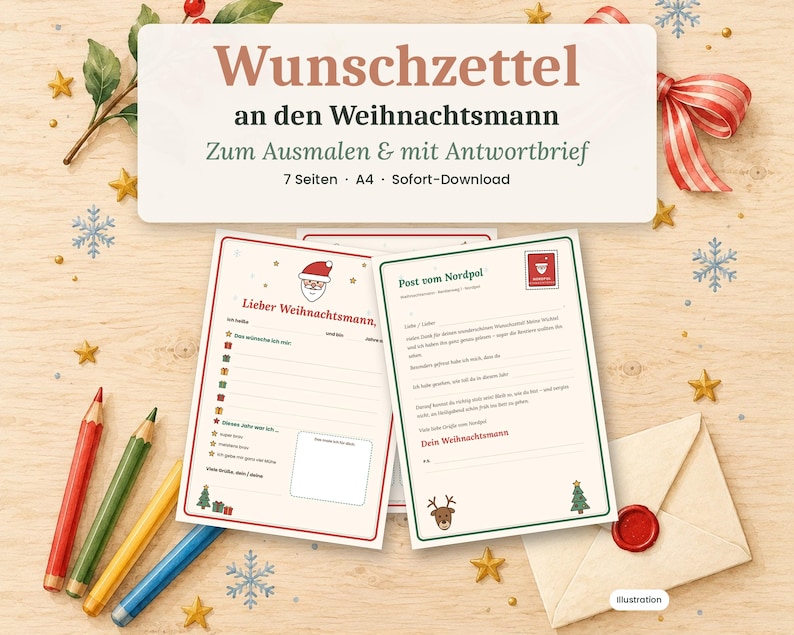 May include: A printable Christmas wish list set featuring a header titled Wunschzettel an den Weihnachtsmann, including pages for colouring and a letter template, accompanied by four coloured pencils and a sealed envelope.