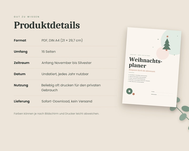 Julkalender på tyska (PDF A4-format) för utskrift – presentlista, julbudget, adventskalender, julmeny och checklista bild 8