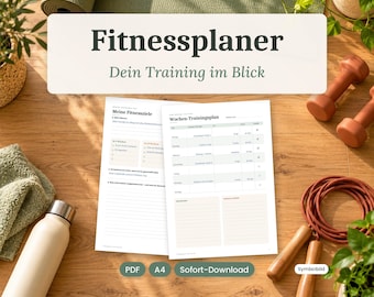 May include: A fitness planner with two open pages featuring German text including Fitnessplaner, Meine Fitnessziele, and Wochen-Trainingsplan. The planner is displayed on a wooden surface alongside a water bottle, dumbbells, a jump rope, and a towel.