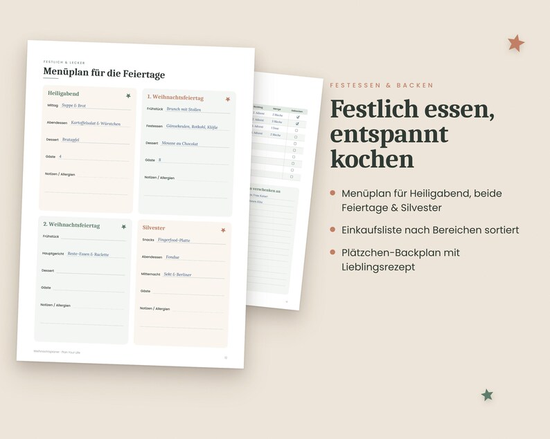 Julkalender på tyska (PDF A4-format) för utskrift – presentlista, julbudget, adventskalender, julmeny och checklista bild 6