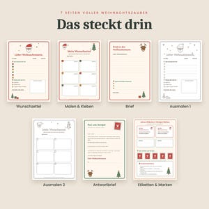 May include: A set of seven printable Christmas-themed activity sheets featuring German text including 'Lieber Weihnachtsmann', 'Mein Wunschzettel', 'Brief an den Weihnachtsmann', 'Ausmalen', 'Post vom Nordpol', and 'Etiketten & Marken'.