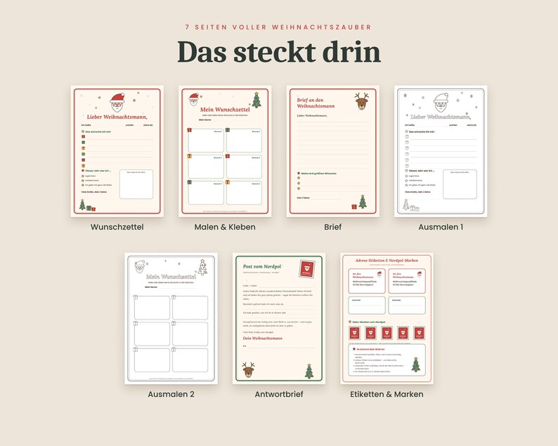 May include: A set of seven printable Christmas-themed activity sheets featuring German text including 'Lieber Weihnachtsmann', 'Mein Wunschzettel', 'Brief an den Weihnachtsmann', 'Ausmalen', 'Post vom Nordpol', and 'Etiketten & Marken'.