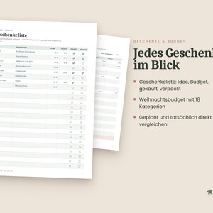 Julkalender på tyska (PDF A4-format) för utskrift – presentlista, julbudget, adventskalender, julmeny och checklista bild 4