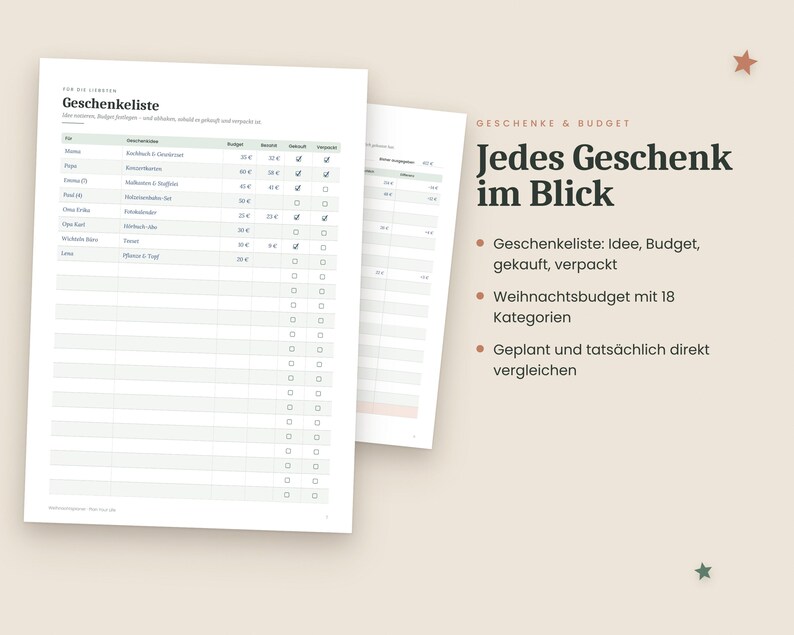 Julkalender på tyska (PDF A4-format) för utskrift – presentlista, julbudget, adventskalender, julmeny och checklista bild 4