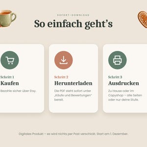 May include: An instructional graphic titled So einfach geht's featuring three steps for a digital download. Icons include a shopping cart, a download arrow, and a printer. Text details the process of purchasing, downloading, and printing files.