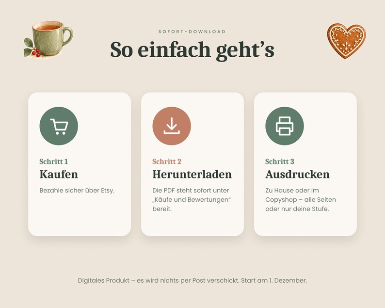 May include: An instructional graphic titled So einfach geht's featuring three steps for a digital download. Icons include a shopping cart, a download arrow, and a printer. Text details the process of purchasing, downloading, and printing files.