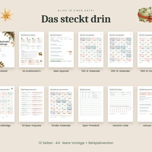 May include: A digital set of 12 A4 pages for an Advent calendar savings challenge. The pages include a cover, instructions, goal trackers, various savings calendars, impulse lists, a log, a list of sacrifices, and a January plan.