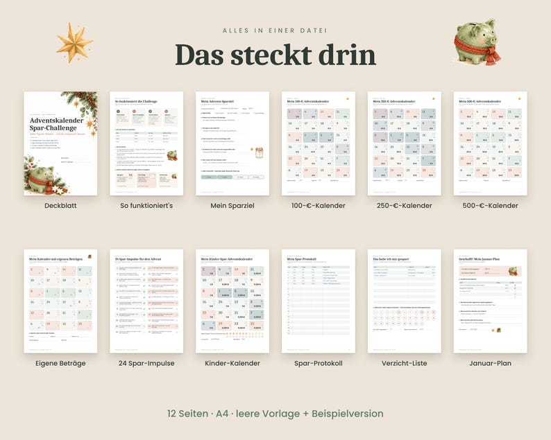 May include: A digital set of 12 A4 pages for an Advent calendar savings challenge. The pages include a cover, instructions, goal trackers, various savings calendars, impulse lists, a log, a list of sacrifices, and a January plan.