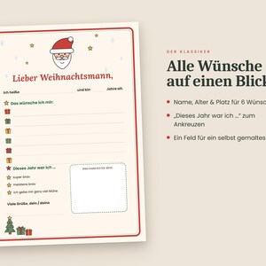 May include: A letter template to Santa Claus featuring a red border, a Santa illustration, and text in German. It includes lines for a name, age, six gift wishes, a behaviour checklist, a drawing box, and a Christmas tree graphic.