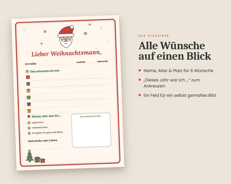 May include: A letter template to Santa Claus featuring a red border, a Santa illustration, and text in German. It includes lines for a name, age, six gift wishes, a behaviour checklist, a drawing box, and a Christmas tree graphic.