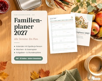 Familjeplanerare 2027 Tyska PDF A4 för utskrift – Familjekalender 2027 med kolumn per person, veckoplan, måltidsplan och uppgiftsplan