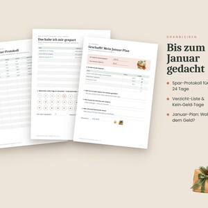 May include: Three white paper sheets featuring German text and financial tracking tables. The documents include sections titled Mein Spar-Protokoll, Das habe ich mir gespart, and Geschafft! Mein Januar-Plan, with a small gift box graphic in the corner.
