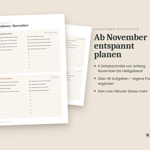 Julkalender på tyska (PDF A4-format) för utskrift – presentlista, julbudget, adventskalender, julmeny och checklista bild 3