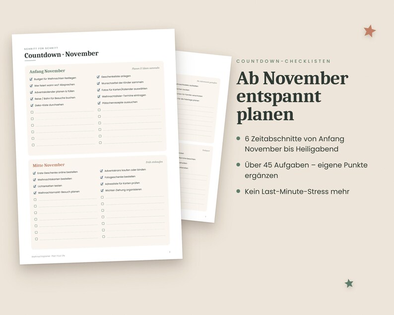 Julkalender på tyska (PDF A4-format) för utskrift – presentlista, julbudget, adventskalender, julmeny och checklista bild 3