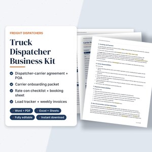 Truck Dispatcher Contract, Dispatch Service Agreement, Carrier Packet, Load Tracker Spreadsheet, Dispatch Invoice, Start Dispatching