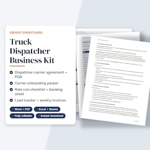 Truck Dispatcher Contract, Dispatch Service Agreement, Carrier Packet, Load Tracker Spreadsheet, Dispatch Invoice, Start Dispatching