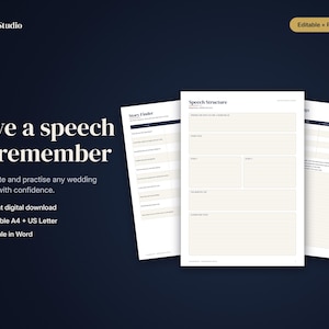 Peut inclure: Un ensemble de modèles numériques pour discours de mariage comprenant trois pages blanches avec du texte sombre et des sections couleur crème. Les pages incluent des en-têtes comme Story Finder et Speech Structure avec des champs vides.