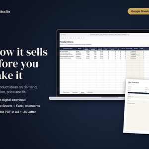 May include: A digital product research spreadsheet displayed on a laptop screen with a matching printable Idea Worksheet. The screen shows columns for keyword, niche, search results, reviews, price, demand, and fit. Text includes Sorted Studio.