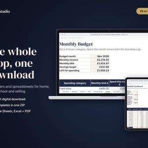 May include: A digital product bundle featuring a laptop and tablet displaying a monthly budget spreadsheet. Text includes Sorted Studio, 29-in-1 Bundle, The whole shop, one download, 29 planners and spreadsheets for home, family, school and selling.