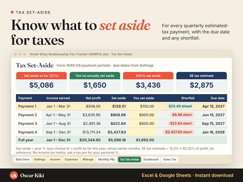 Bookkeeping Spreadsheet for Small Business: tax set aside