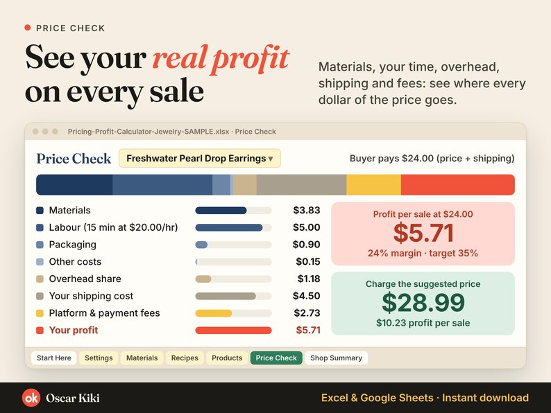 Jewelry Pricing Calculator Spreadsheet: real profit