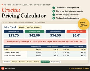 Calcolatore dei prezzi per l'uncinetto: costo del filato, tempo e profitto per pezzo, Fogli Google ed Excel